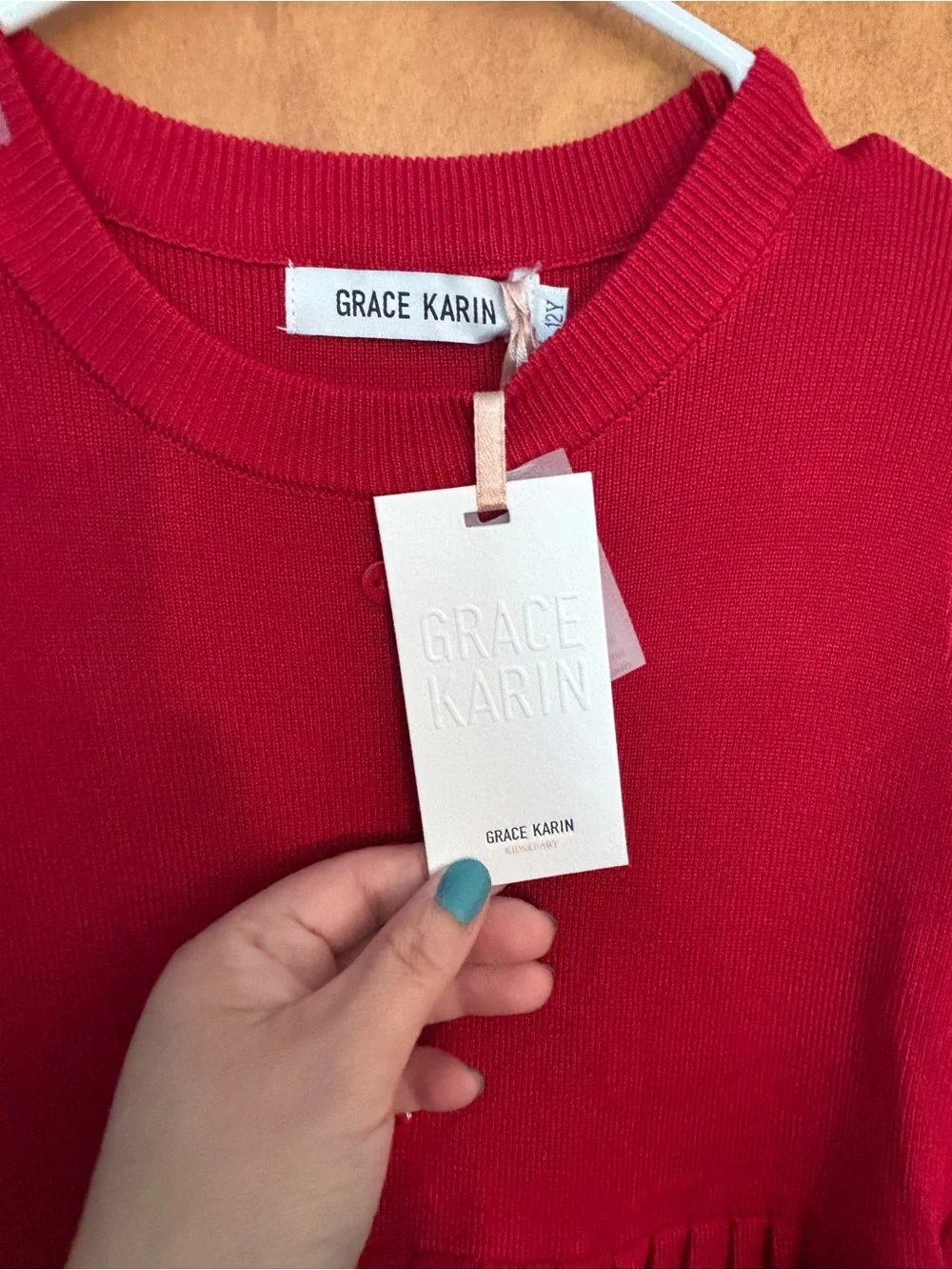 Grace Karin Red Long Sleeve Knit Girls Dress with Gathered Skirt